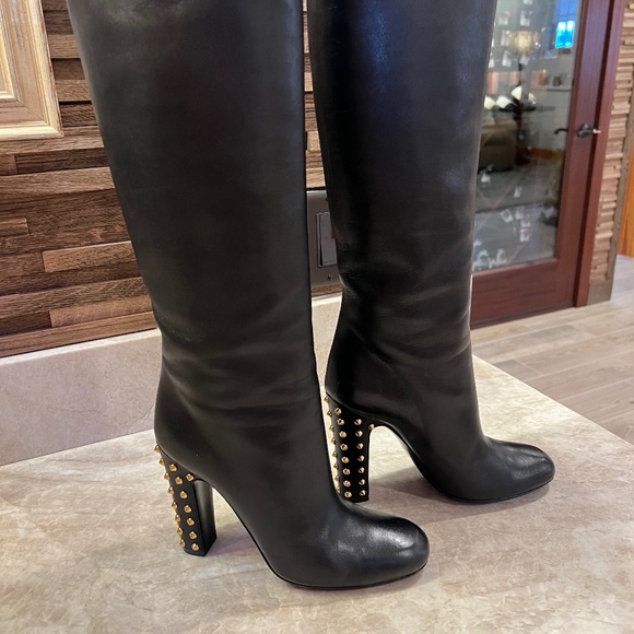 GUCCI Rodano black leather gold studded heel boots - Picture 1 of 14